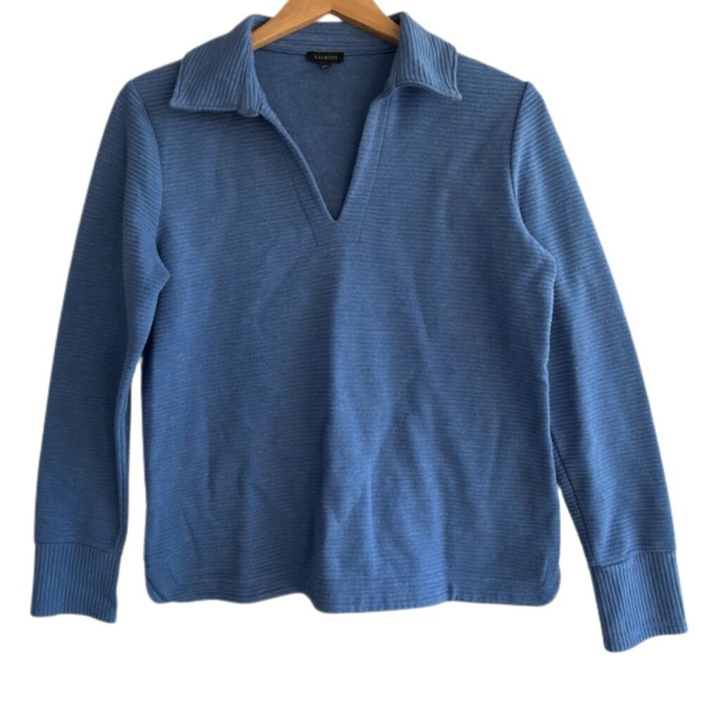 Talbots Ribbed Polo V-Neck Sweater Small Cornflower Blue Cotton Preppy Knit - Picture 2 of 14